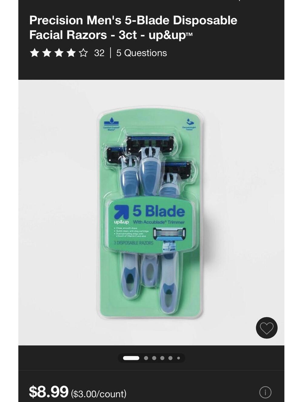 Precision Men's 5-Blade Disposable Facial Razors - 3 Count